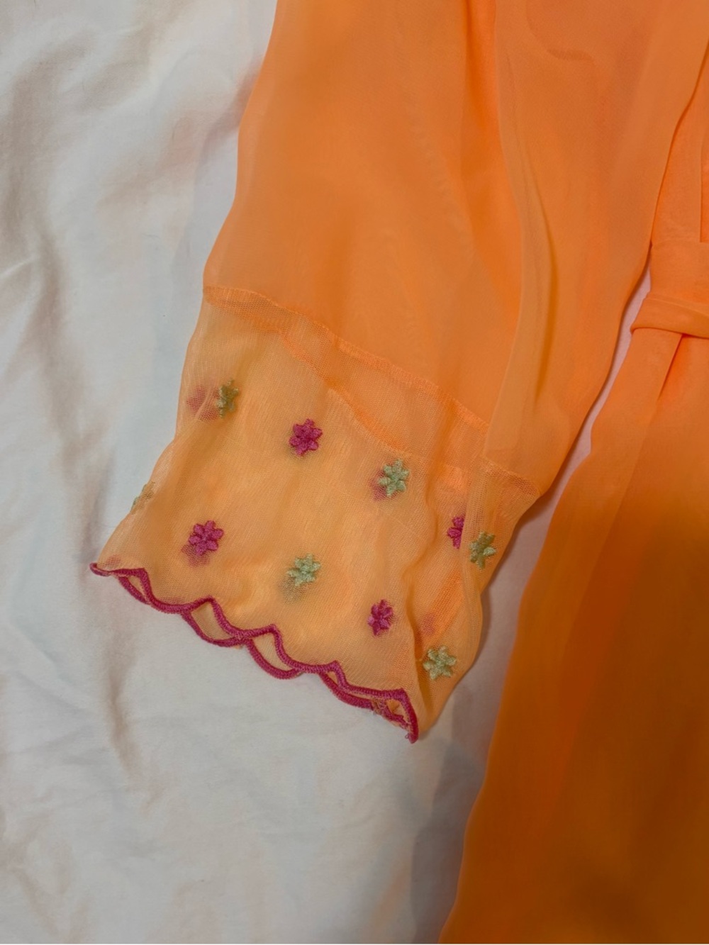 Sheer Orange Tie-Waist Robe with Embroidered floral Cuffs #56 - Picture 4 of 6